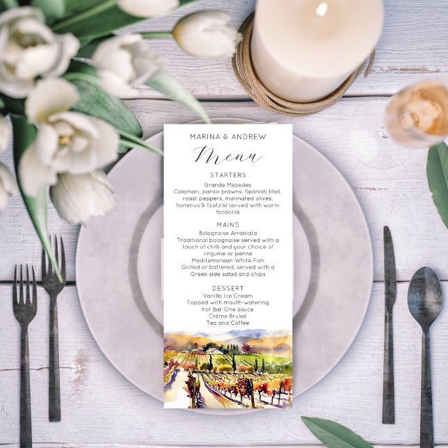 Napa Valley vineyard watercolor wedding menu (Napa valley vineyard watercolor wedding menu card wedding tableware)