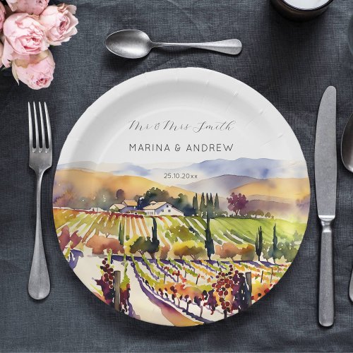 Napa Valley vineyard watercolor wedding tableware Paper Plates