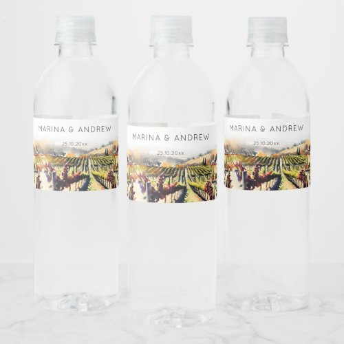 Napa Valley vineyard watercolor wedding Water Bottle Label