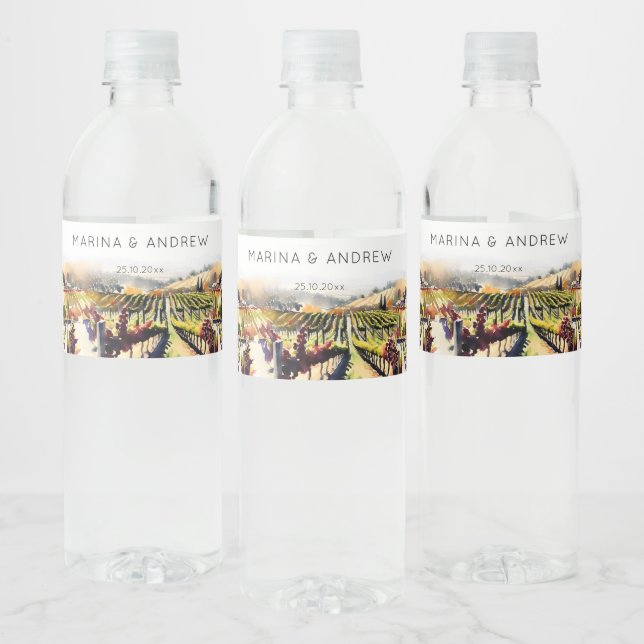 Napa Valley vineyard watercolor wedding Water Bottle Label (Bottles)