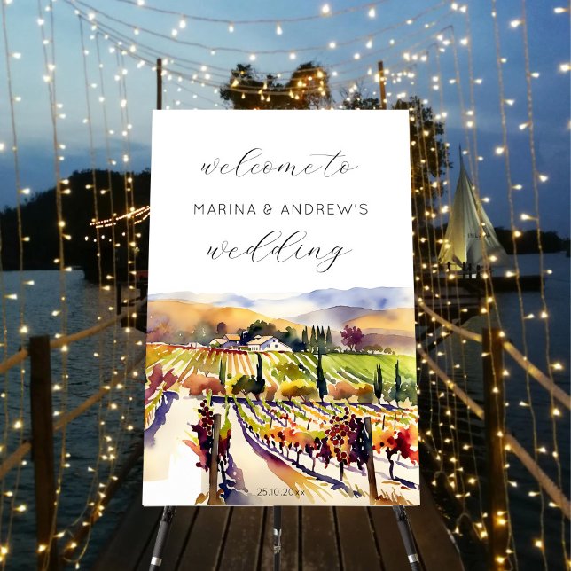 Napa Valley vineyard wedding welcome sign (Napa valley vineyard wedding welcome sign board personalized wedding decor modern elegant watercolor)