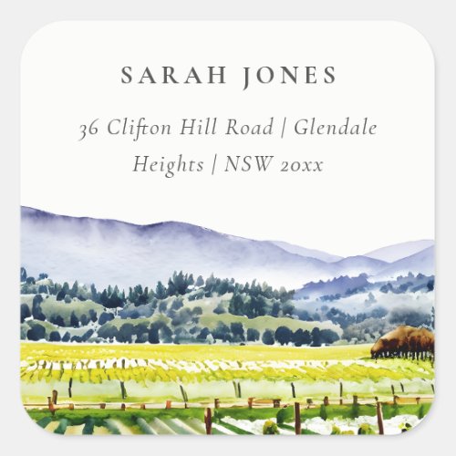 Napa Valley Watercolor Vineyard Landscape Address Square Sticker