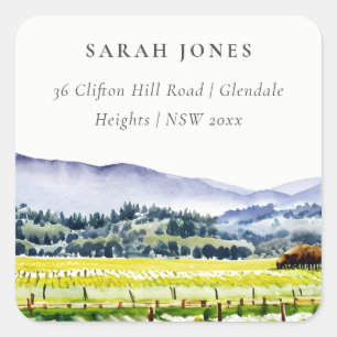 Napa Valley Watercolor Vineyard Landscape Address Square Sticker