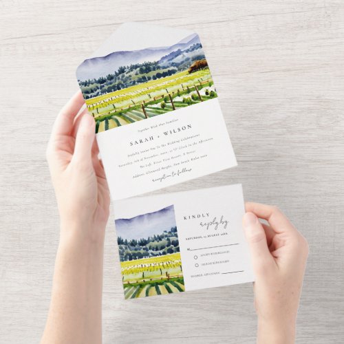 Napa Valley Watercolor Vineyard Landscape Wedding All In One Invitation