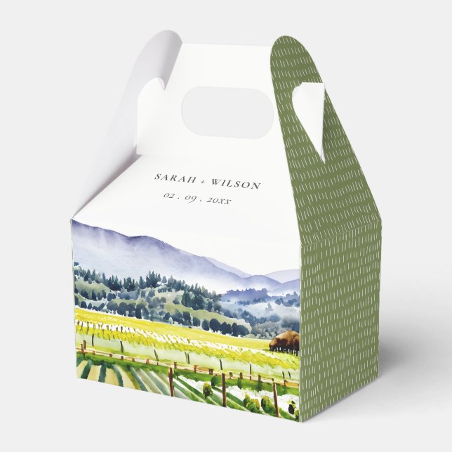 Napa Valley Watercolor Vineyard Landscape Wedding Favor Boxes (Front Side)