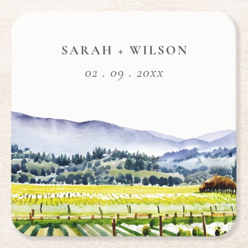 Napa Valley Watercolor Vineyard Landscape Wedding Square Paper Coaster