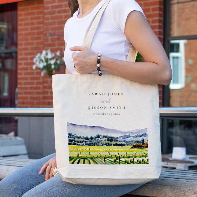 Napa Valley Watercolor Vineyard Landscape Wedding Tote Bag (Creator Uploaded)