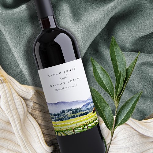 Napa Valley Watercolor Vineyard Landscape Wedding Wine Label