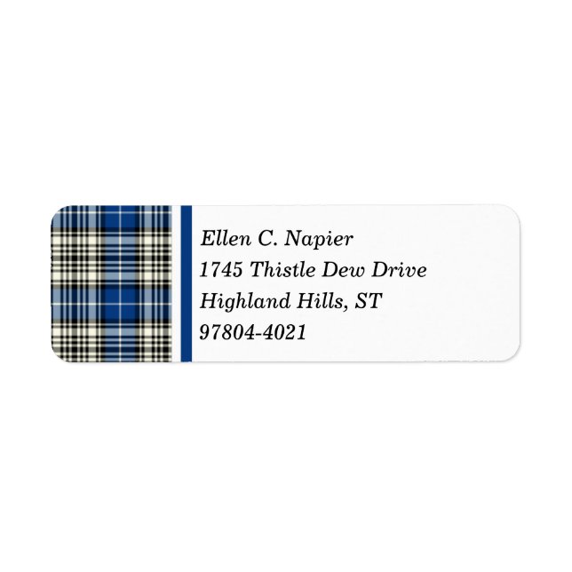 Napier Clan Blue, Black and White Scottish Tartan Label (Front)