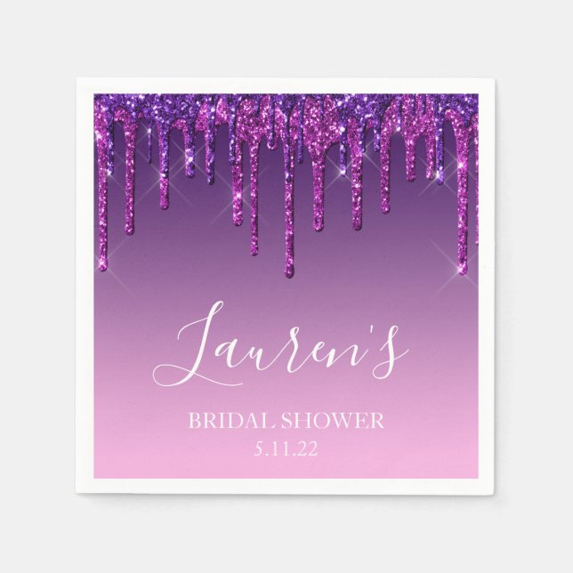Napkin - Purple & Pink Glitter Drip Bridal Shower (Front)