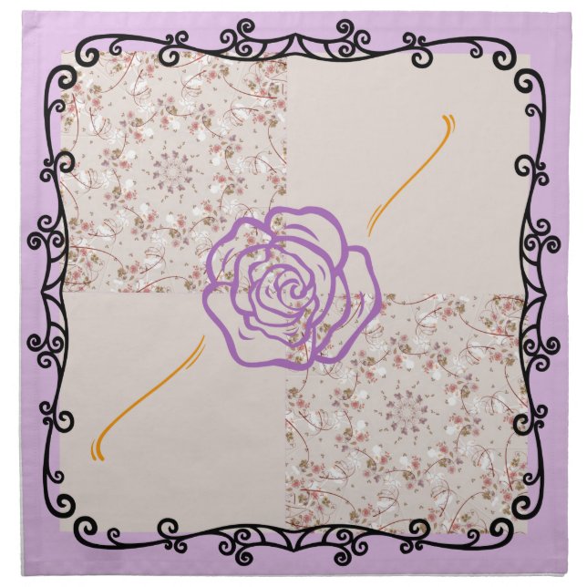 Napkin with Rose in The Center of 4 Squares Purple (Front)