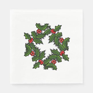 Napkin - Wreath of Holly Leaves and Berries
