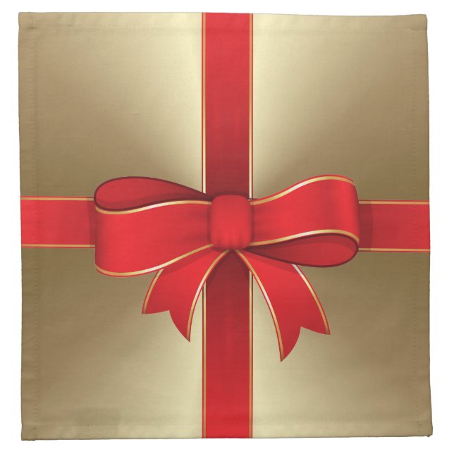 Napkins - Cloth - Red Bow & Ribbon on Gold (Front)