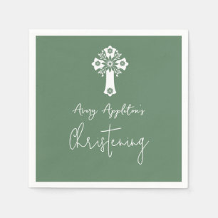 Napkins Floral Cross Christening Fern Green