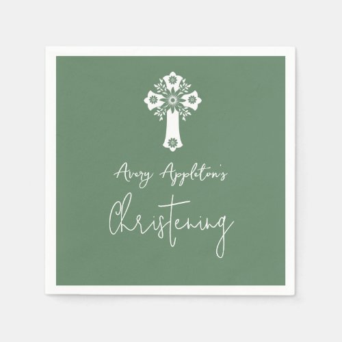 Napkins Floral Cross Christening Fern Green