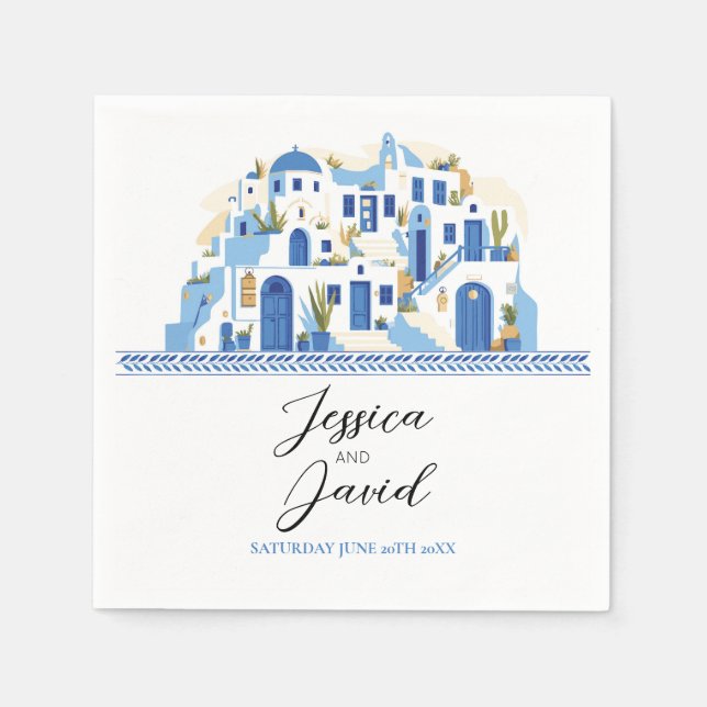 Napkins Wedding Names Santorini Greece Blue White (Front)