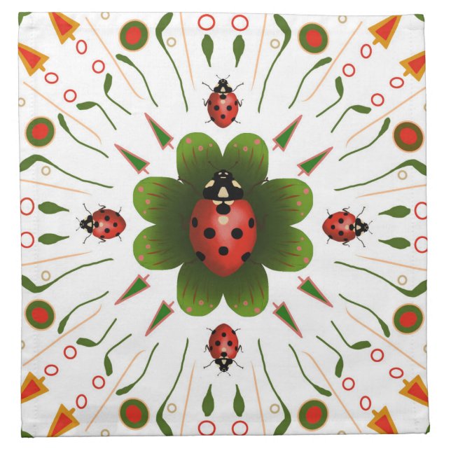 Napkins with ladybug design, red & green on white. (Front)