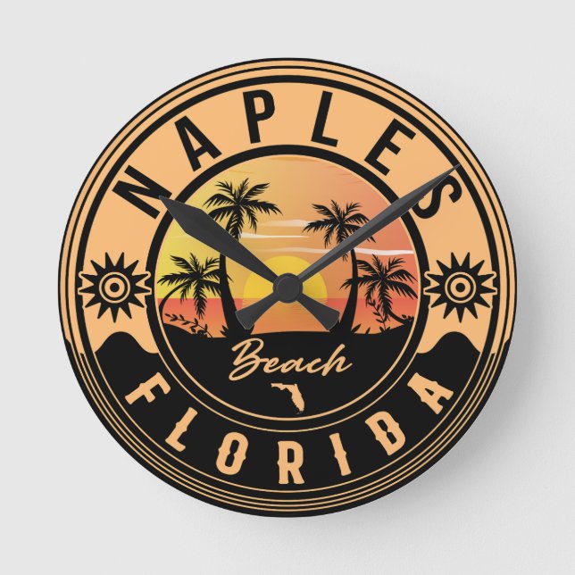 Naples Florida Beach Retro Sunset Souvenirs Round Clock (Front)