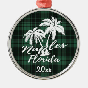 Naples Florida Palm Tree Green Plaid Metal Ornament
