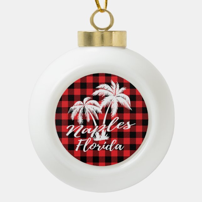 Naples Florida Palm Trees Beach Red Plaid Ceramic Ball Christmas Ornament (Front)