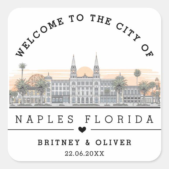  Naples Florida Skyline – Custom Wedding favor Square Sticker (Front)