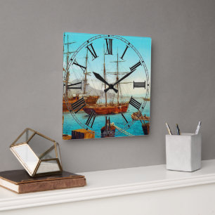 Naples harbor Italy 1800s Square Wall Clock