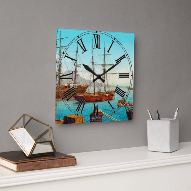 Naples harbor Italy 1800s Square Wall Clock (Office)