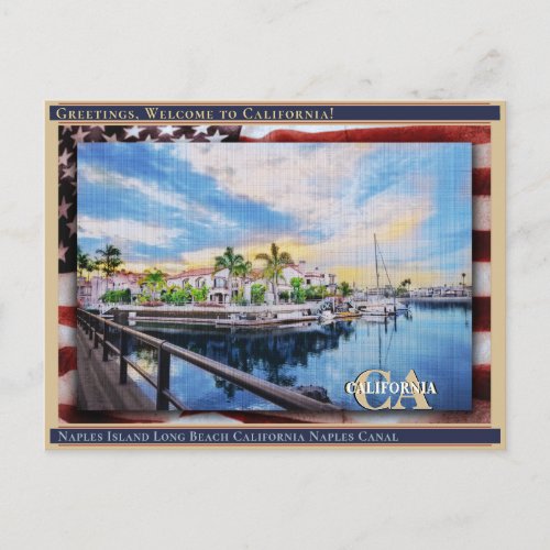 Naples Island Long Beach California Linen  Flag  Postcard