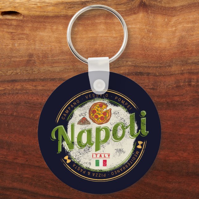 Naples Italy Retro Vesuvius And Pizza Vintage Keychain (Front)