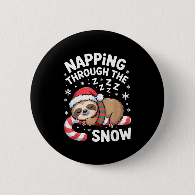 Napng Through The Snow Funny Sloth Candy Cane Xmas Button (Front)