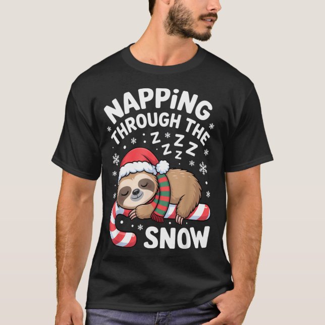 Napng Through The Snow Funny Sloth Candy Cane Xmas T-Shirt (Front)