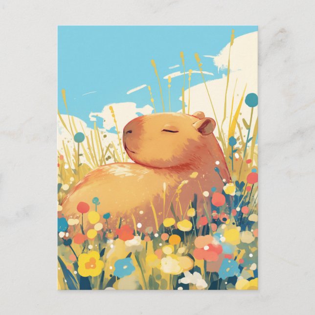 Napping Capybara in Summer Wildflower Meadow Postcard (Front)