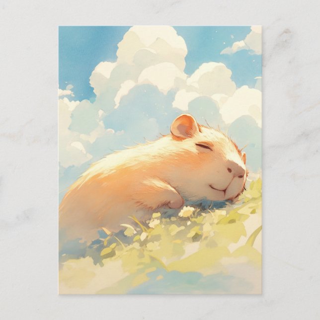 Napping Capybara in Sunny Green Meadow with Clouds Postcard (Front)
