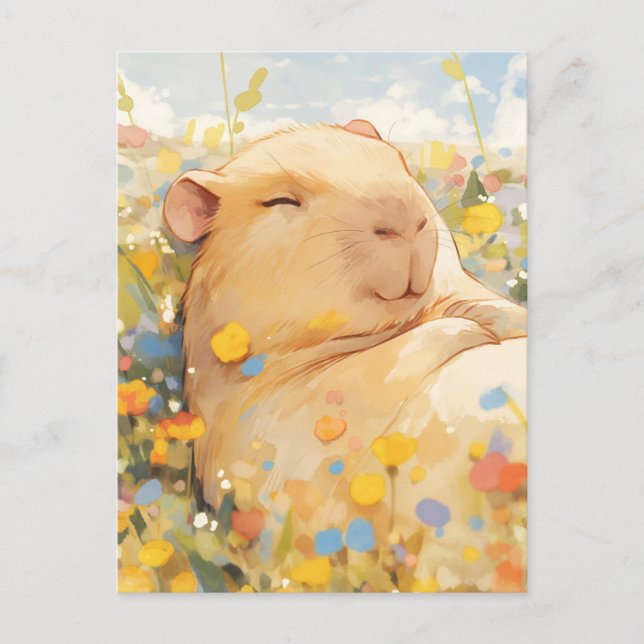 Napping Capybara in Sunny Wildflower Meadow Postcard (Front)