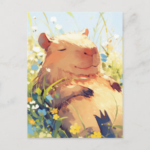 Napping Capybara in Sunny Wildflower Summer Meadow Postcard