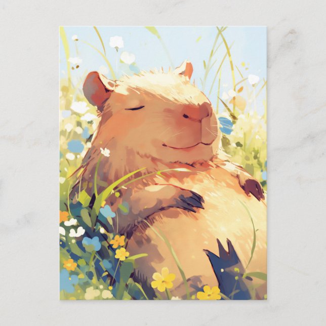 Napping Capybara in Sunny Wildflower Summer Meadow Postcard (Front)