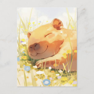 Napping Capybara in Sunny Wildflower Summer Meadow Postcard