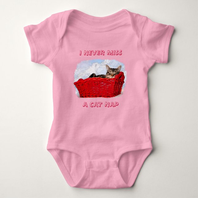 Napping Gray Tabby Kitten In Basket Personalized Baby Bodysuit (Front)