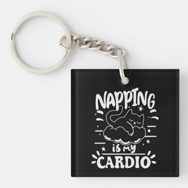 Napping Is My Cardio Simple Funny Cat Design Keychain (Front)