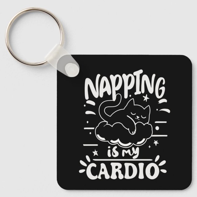 Napping Is My Cardio Simple Funny Cat Design Keychain (Front)