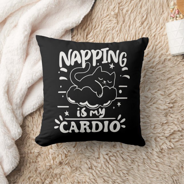 Napping Is My Cardio Simple Funny Cat Design Throw Pillow (Blanket)