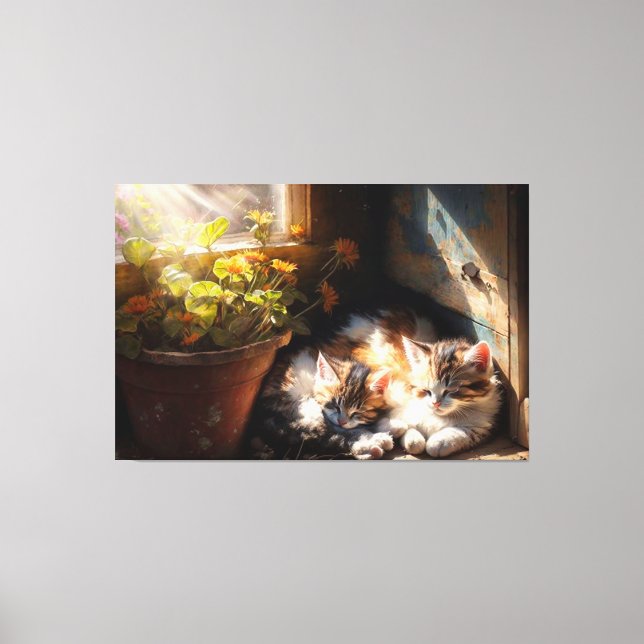 Napping Kittens in the Garden Shed Oil Painting Canvas Print (Front)