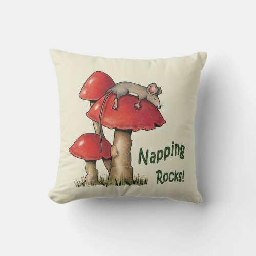 Napping Rocks Mouse Sleeping on Toadstool Throw Pillow