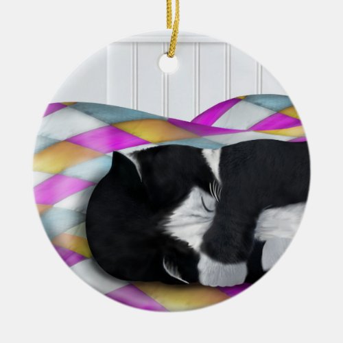 Napping Tuxedo Cat Ceramic Ornament