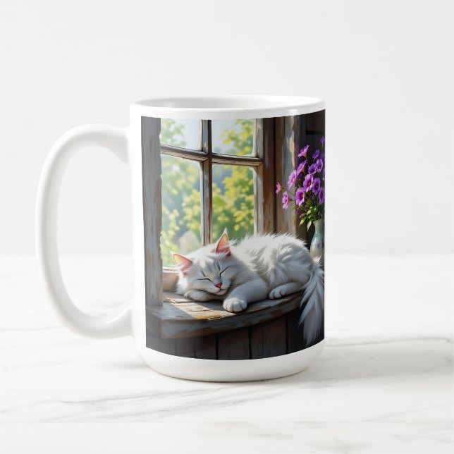 Napping White Cat and Purple Flowers  Coffee Mug (Left)