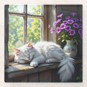 Napping White Cat and Purple Flowers Glass Coaster