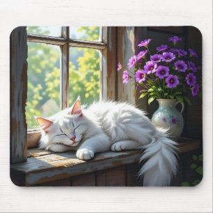 Napping White Cat and Purple Flowers Mouse Pad