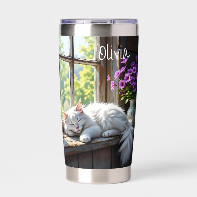 Napping White Cat and Purple Flowers Personalized Insulated Tumbler (Front)