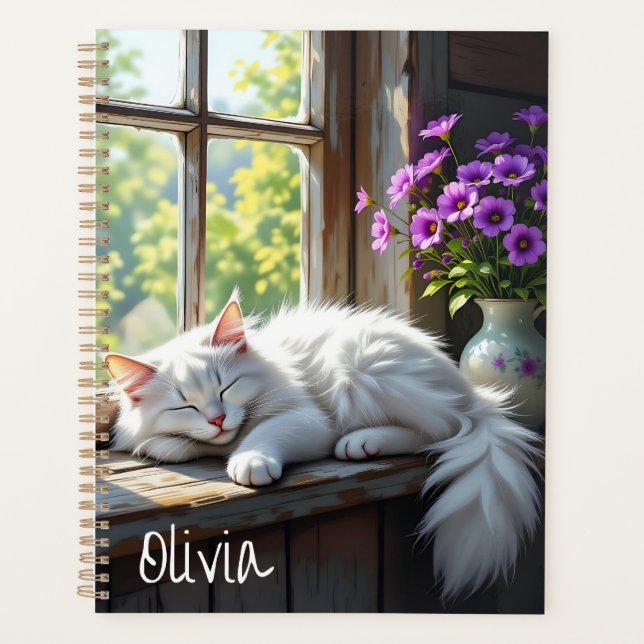 Napping White Cat and Purple Flowers Personalized Planner (Front)