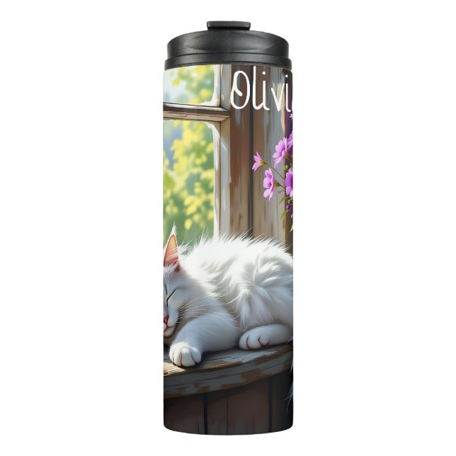 Napping White Cat and Purple Flowers Personalized Thermal Tumbler (Front)